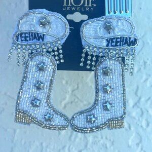 Yeehaw cowboy boots white silver rhinestone earrings western seed beads nashvill